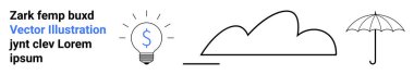 Dolar işareti, bulut çizgisi ve şemsiyeli ampul. Finans, yenilik, koruma, sigorta, yaratıcılık, hava durumu başlangıç sade iniş sayfası için ideal
