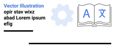 Dil karakterleri, teknolojiyi ya da süreci temsil eden teçhizat içeren açık bir kitap. Eğitim, çeviri, otomasyon, dil eğitimi, teknoloji, küreselleşme için ideal, basit iniş sayfası