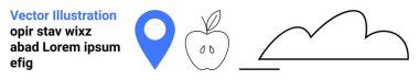 Mavi lokasyon iğnesi, yapraklı elma çizimi, soyut bulut çizgisi ve yer tutucu metin. Konum tabanlı hizmetler, eğitim, tarım, hava durumu, doğa asgari tasarım için ideal