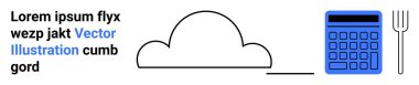 Bulut simgesi, mavi hesap makinesi ve çatal bağlantı, hesaplama ve fayda için sembolik elementlerdir. Teknoloji, altyapı, finans, veri analizi bulut hizmetleri ve basit iniş hizmetleri için ideal