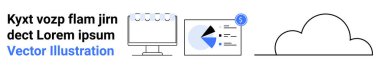 Takvimli bilgisayar monitörü, pasta grafiği, dolar simgesi ve bulut gösteren analitik paneli. Veri depolama, çevrimiçi araçlar, iş analizleri, finans, planlama, basit organizasyon için ideal