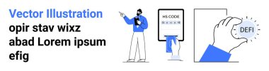 Analizci, DeFi 'yi vurgulayan bir büyüteç tutan bir elin yanında HS kodlu bir ekrana işaret ediyor. Teknoloji, finans, eğitim, veri analizi, engelleme zinciri, takım çalışması, basit iniş sayfası için ideal