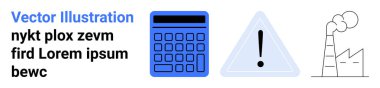 Mavi hesap makinesi, uyarı üçgeni ve finansal araçları, tehlikeleri, endüstriyi, sürdürülebilirliği ve yenilikleri ele alan baca. Finans ve güvenlik emisyonlarına uyum için ideal