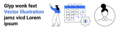 Bir dişli ve kullanıcı profili simgesinin yanında vurgulanmış hatırlatıcıları olan bir takvimi gösteren bir kadın. Organizasyon, programlama, üretkenlik, planlama, yönetim, zaman izleme, basit iniş sayfası için ideal
