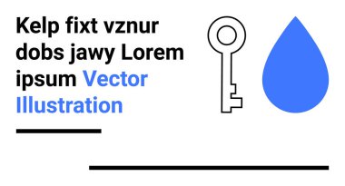 Mavi bir su damlasının yanında anahtar ve temiz minimalist tarzda soyut metin yerleştirme. Güvenlik, koruma, minimalizm, tasarım kavramları, modern markalaşma, eğitim ve basit iniş için ideal