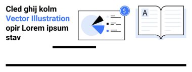 Finansal sembollü turta tablosu, analiz ve öğrenme üzerine açık kitap. Eğitim, finans, öğrenim materyali, veri yorumlaması, iş stratejisi, analitik, basit iniş sayfası için ideal