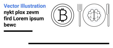 Beyin ve çatal bıçak takımının yanındaki tabakta bulunan bitcoin dijital para birimini ve entellektüel bağlantıyı temsil ediyor. Kripto para birimi, yatırım, teknoloji, yenilik, engelleme zinciri, eğitim, basit