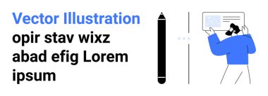 Mavi gömlekli figürün yanındaki siyah kalem dijital bir konsepti temsil ediyor. Yaratıcılık, takım çalışması, iş akışı, tasarım düşünme, işbirliği, yenilik, sunum, basit iniş sayfası