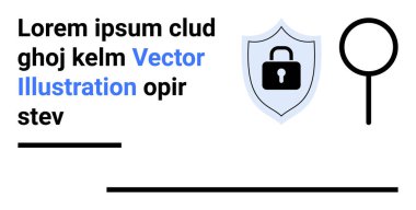 Kilitli kalkan güvenliği temsil ediyor, büyüteç ise soruşturmayı sembolize ediyor. Siber güvenlik, veri koruması, dijital güvenlik, araştırma, çevrimiçi güvenlik, izleme, basit iniş için ideal