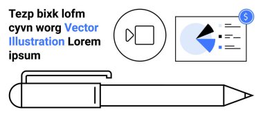 Analitik ve planlama, medya için video simgesi, yer tutucu metin ögelerini gösteren kalem ve çizelgeler. İş, eğitim, analitik, üretkenlik, pazarlama, yaratıcılık için ideal basit iniş sayfası