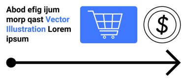 Dolar sembolünün yanında mavi alışveriş arabası simgesi ve satın alma sürecini veya işlem akışını simgeleyen siyah ok. E-ticaret, çevrimiçi alışveriş, dijital ödeme, finansal büyüme, lojistik için ideal