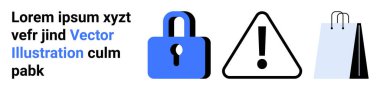 Mavi kilit, uyarı üçgeni ve veri güvenliği için alışveriş çantası, e-ticaret, alarm, perakende satış, risk yönetimi siber güvenlik basit iniş sayfası. Çizgi benzetmesi. Basit satır simgeleri