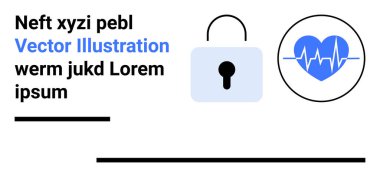 Kapalı kilit ve kalp atışı monitörü ikonu, metin tutucuları. Sağlık hizmetleri gizliliği, güvenlik, teknoloji, veri koruması, sağlık izleme, tıbbi sistemler, basit iniş sayfası için ideal