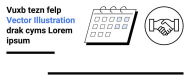 İşaretli tarihli takvim, el sıkışma sembolik anlaşma, yer tutucu metin ve satırlar. İşbirliği, planlama, takım çalışması, ortaklık, planlama, basit iniş sayfası için ideal
