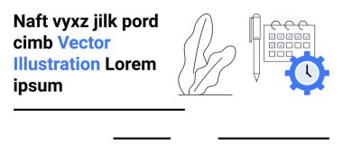 Ofis objeleri arasında bir takvim, dişli, kalem ve metin elementli soyut bitki yer alıyor. Üretkenlik, programlama, planlama, organizasyon, ofis işleri için ideal yaratıcılık ve modern bir sade iniş