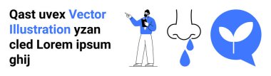 Fikir sunan erkek figürü, sağlığa önem veren burnu damlayan, sürdürülebilirliği gösteren konuşma balonunda yaprak sembolü. Sağlık farkındalığı, ekolojik girişimler, sunumlar, refah için ideal
