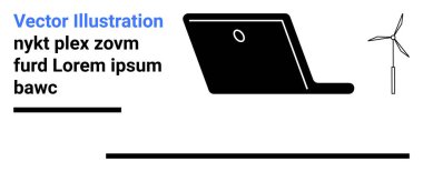 Eko-teknolojiyi sembolize eden minimalist rüzgar türbininin yanında temiz çizgileri olan bir dizüstü bilgisayar silueti. Sürdürülebilirlik, teknoloji, yenilenebilir enerji, çevresel yenilik, temiz teknoloji, dijital