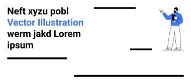 Elinde pano tutan, işaret eden cesur metin elemanları ve şık tasarım çizgileri olan bir adam. Şirket, eğitim, pazarlama, analitik, koçluk için ideal basit tasarım iniş sayfası
