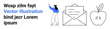İletişim, mesajlaşma, eğitim, sağlık, sağlık, posta hizmetleri ve basit iniş sayfasını vurgulayan metin, zarf ve elma ana hatlarına doğru hareket eden kadın