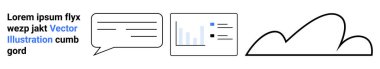 Metinli sohbet balonu, istatistikli bar çizelgesi, iletişimi, analizi, depoyu sembolize eden bulut çizgisi. Teknoloji, veri paylaşımı, analitik, depolama bulutu hesaplama iletişimi için ideal