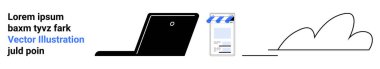 Online bir belgenin yanında dizüstü bilgisayar ve bir satırla birbirine bağlı minimalist bir bulut. Dijital dönüşüm için ideal, bulut teknolojisi, uzak çalışma, çevrimiçi işbirliği, veri paylaşımı, modern teknoloji