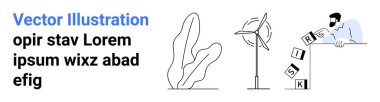 Risk bloklarını deviren iş adamı, yenilenebilir enerjiyi sembolize eden rüzgar türbini ve modern asgari çizimde soyut bitki şekli. Sürdürülebilirlik, ekoloji, risk, finans ve temiz enerji için ideal