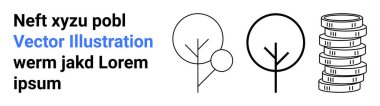 İki soyut ağaç, birinin üzerinde yuvarlak kaplama var, bozuk paraların yanında. Sürdürülebilirlik, doğa, büyüme, ekonomi, yatırım, minimalist tasarım için ideal basit iniş sayfası