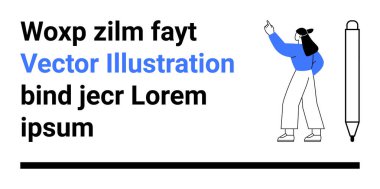 Mavi bluzlu ve beyaz pantolonlu bir kadın dikey kalem çizimiyle metni işaret ediyor. Eğitim, yazarlık, yaratıcılık, tasarım, yayıncılık, atölyeler, basit iniş sayfası için ideal