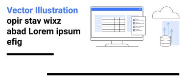 Veri tablosu, kontrol listesi ve verileri bulut ve veritabanı simgeleriyle senkronize eden monitör. Bulut hesaplama, veri yönetimi, güvenlik, çevrimiçi depolama, bilişim çözümleri ve teknoloji işleri için ideal