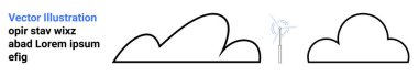 Soyut metni olan iki ana hatlı bulutun yanında dönen rüzgar türbini. Sürdürülebilirlik, yenilenebilir enerji, iklim farkındalığı, çevre dostu teknoloji, temiz hava, gelecekteki enerji çözümleri için ideal