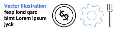 Çemberde dolar sembolü, mavi dişli ve çatal çizgili. Finans, endüstri, gıda, ekonomi mühendisliği, soyut yemek hattı düz metaforu için idealdir. Çizgi benzetmesi. Basit satır simgeleri