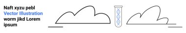 DNA sarmallı test tüpü, soyut bulut şekilleriyle çevrelenmiş, minimal bir tasarım. Biyoteknoloji, genetik, araştırma, yenilik, veri bilimi, sürdürülebilirlik ve basit bir iniş sayfası için ideal