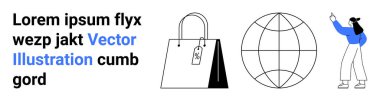 Üstünde satış etiketi olan bir alışveriş çantası, dünya çapında erişimi temsil eden bir dünya, yukarıya bakan biri. E-ticaret, pazarlama, ticaret, küresel ticaret, reklamlar, eğitim sunumları için ideal basit iniş