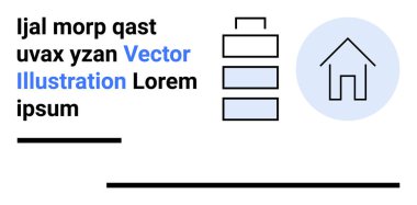 Mavi dairede yer tutucu metin, yığın yapısı ve basit ev grafiği olan soyut bir düzen. Eğitim, iş, teknoloji, gayrimenkul, markalaşma, tasarım için ideal basit iniş sayfası