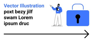 Elinde tablet tutan bir iş adamı ve asma kilit ikonunun yanındaki soyut güvenlik metnine işaret ediyor. Dijital güvenlik, sunumlar, teknoloji, eğitim, yenilik, iş ve basit bir iniş için ideal
