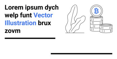 Bitcoin sembolü soyut dekoratif bitkinin yanında istiflenmiş madeni paraların üzerinde. Kripto para birimi, engelleme zinciri, fintech, dijital finans, yatırım, modern tasarım, basit iniş sayfası için ideal