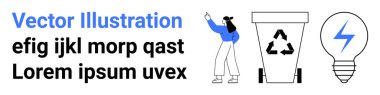 Sembollü geri dönüşüm kutusunu işaret eden kişi, sürdürülebilirliği temsil eden enerji işaretli ampul. Çevre, eğitim, çevre dostu alışkanlıklar, geri dönüşüm girişimleri ve enerji için ideal