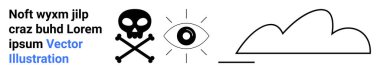 Açık gözün yanında çapraz kemikli bir kafatası ve altında çizgi olan stilize bir bulut. Uyarı, görüş, hava, minimalizm, soyut temalar, yaratıcı kavramlar, basit iniş sayfası için ideal