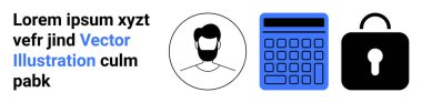 Portre simgesi, hesap makinesi ve kilit tasarımı güvenlik, hesaplamalar ve kullanıcı kimliğini vurguluyor. Fintech, siber güvenlik, veri yönetimi, bankacılık kişisel kimliği çevrimiçi güvenlik için ideal