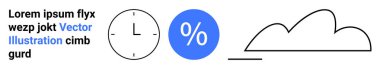 Dairesel saat, mavi yüzde simgesi, soyut bulut çizgisi sanatı ve modern tasarım için Lorem Ipsum metni. Zaman izleme, veri görselleştirme, minimalizm, bilgi grafikleri, eğitim UX tasarımı için ideal