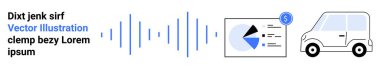 Soundwave frekansları, pasta grafiği analizleri ve bir araba ikonu veri analizi, otomotiv teknolojisi, ses sistemleri ve yenilikleri temsil eder. Taşınabilirlik, ticaret ve teknoloji temaları için ideal basit iniş temaları