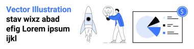 Roket fırlatma büyümeyi simgeler, yenilik ampulü olan kişi, performans için analitik çizelge. İş stratejisi, teknoloji, başlangıç, yenilik, girişimcilik, veri güdümlü