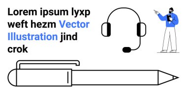Minimalist kalem, büyük boy kulaklık, profesyonel karakter sunumu. Ofis araçları, iletişim, yaratıcılık, eğitim, yazma, iş eğitimi için ideal basit iniş sayfası