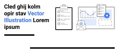 Kontrol listesi ve pano, zarflı e- posta simgesi, grafik ve dişli simgesi gösteren dijital ekran. Organizasyon, görev planlaması, analiz, iş akışı, verimlilik ve teknoloji için ideal