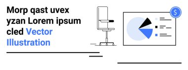 Ofis sandalyesinde pasta grafiği, veri ölçümleri ve para birimi simgesi gösteriliyor. Analiz, istatistik, ofis yönetimi, mali raporlar, veri güdümlü tasarım, işletme için ideal