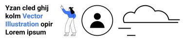 Kullanıcı profili simgesi ve minimalist bulut tasarımının yanında el kol hareketi yapan kadın karakter. Takım çalışması, kullanıcı profili, hava durumu, soyut kavramlar, açık hava temaları, eğitim, basit iniş sayfası için ideal