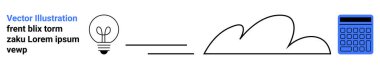 Dinamik çizgilerin yanındaki ampul buluta ve dijital hesap makinesine gidiyor. Yaratıcılık, yenilik, takım çalışması, problem çözme, bulut hesaplama, finansal planlama, basit iniş sayfası için ideal