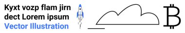 Roket yukarı doğru fırlatılıyor, basit bulut taslağı, Bitcoin sembolü ve yer tutucu metin. Teknoloji, kripto para birimi, yenilik, finans, bulut bilgisayar engelleme zinciri veya basit bir iniş sayfası için ideal