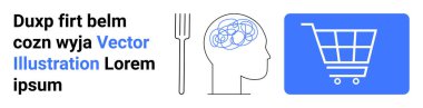 Çatal, karışık beyin çizimi profil başı, mavi alışveriş arabası grafiği. Psikoloji, karar verme, tüketici davranışı, minimalizm, yaratıcılık, basit bir iniş sayfası için ideal