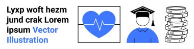 Nabzı atan kalp, mezun şapkası ve bozuk para yığını sağlık, eğitim ve para yönetimini vurguluyor. Eğitim, finans, sağlık, motivasyon, kariyer büyümesi için ideal basit iniş sayfaları